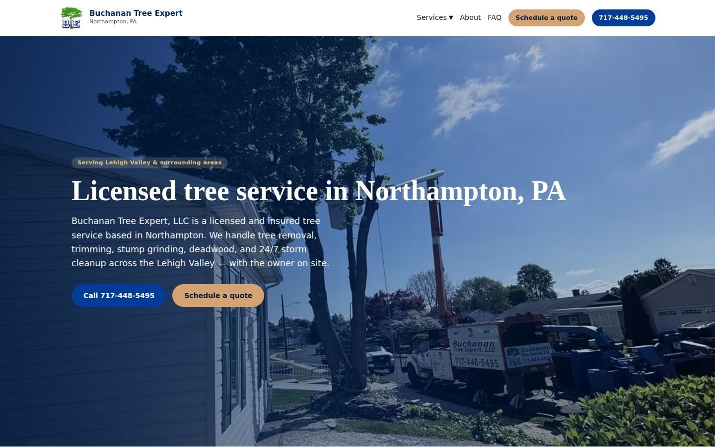 Buchanan Tree Expert homepage, with a crew truck on a residential job